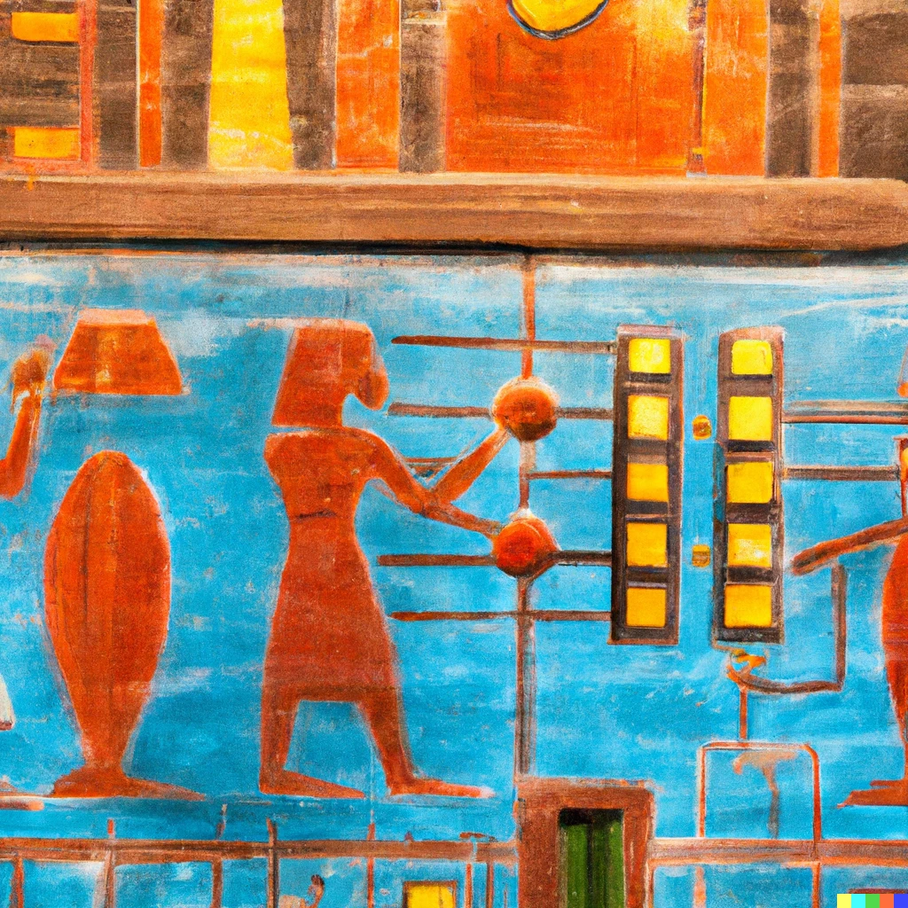 Prompt: The control room of a nuclear power plant, depicted on the wall of an ancient Egyptian tomb