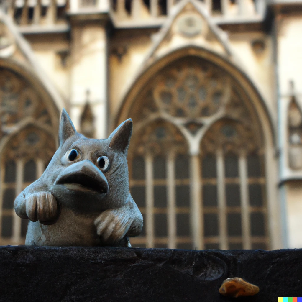 Prompt: Photo of a Totoro gargoyle on a gothic cathedral