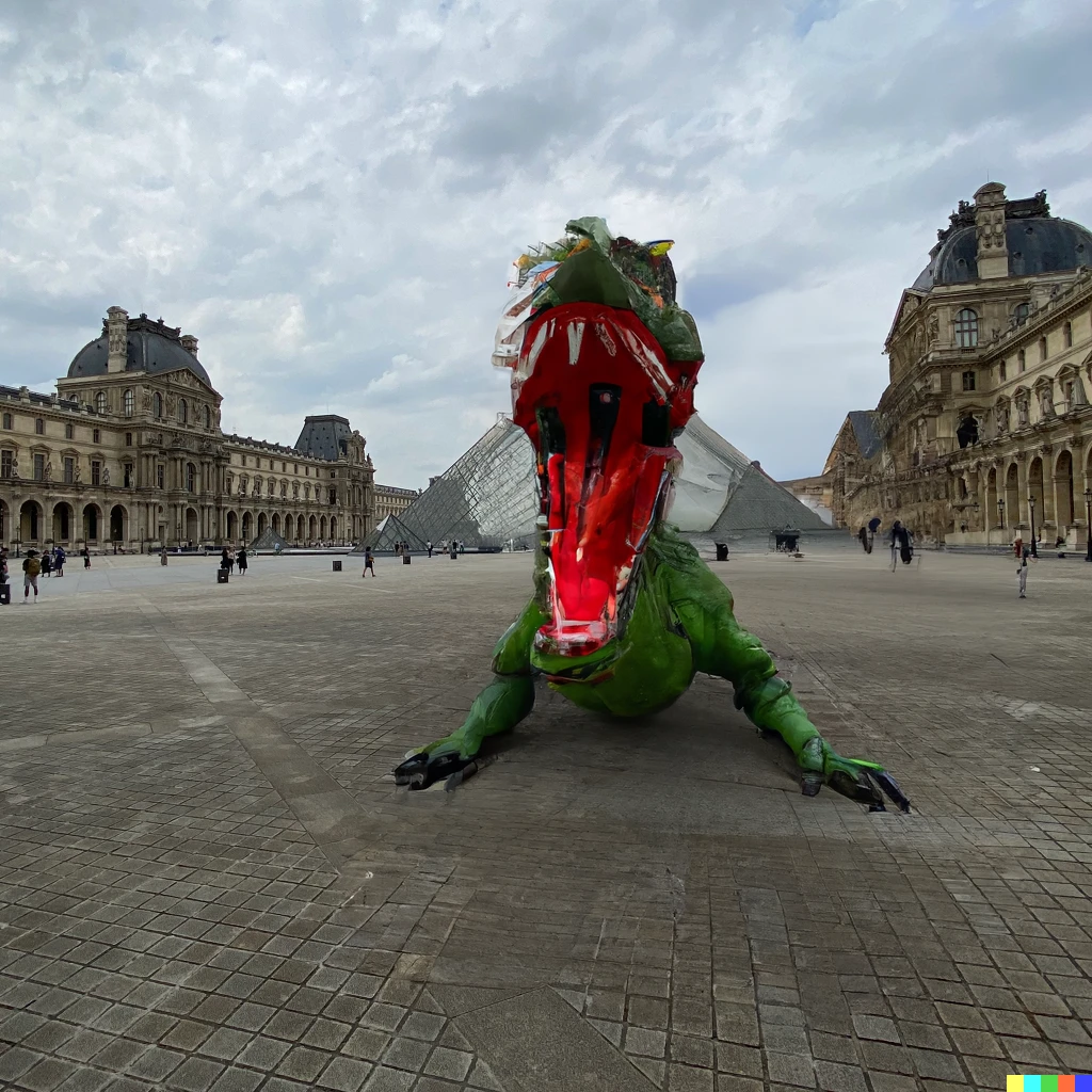 Prompt: A huge medieval red dragon from a Disney movie posing threateningly in front of the Louvre pyramid