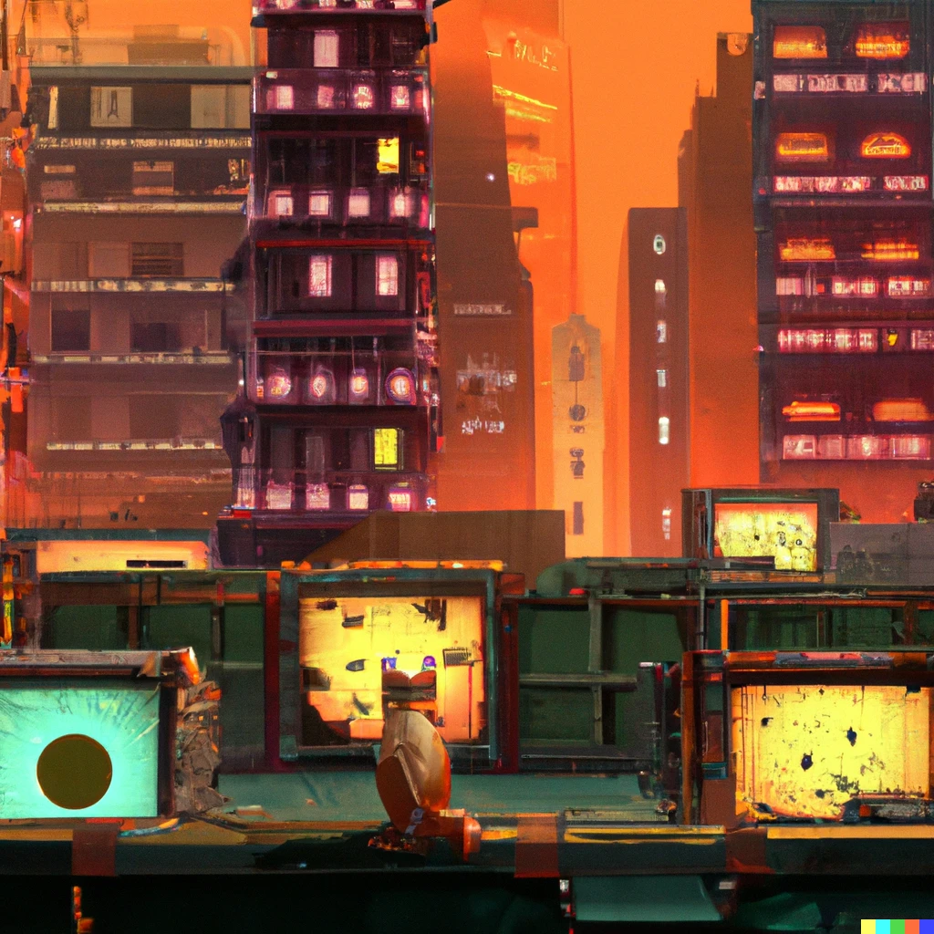 Prompt: Screenshot from a video game in which you play an orange tabby cat lost in a dilapidated cyberpunk version of kowloon walled city