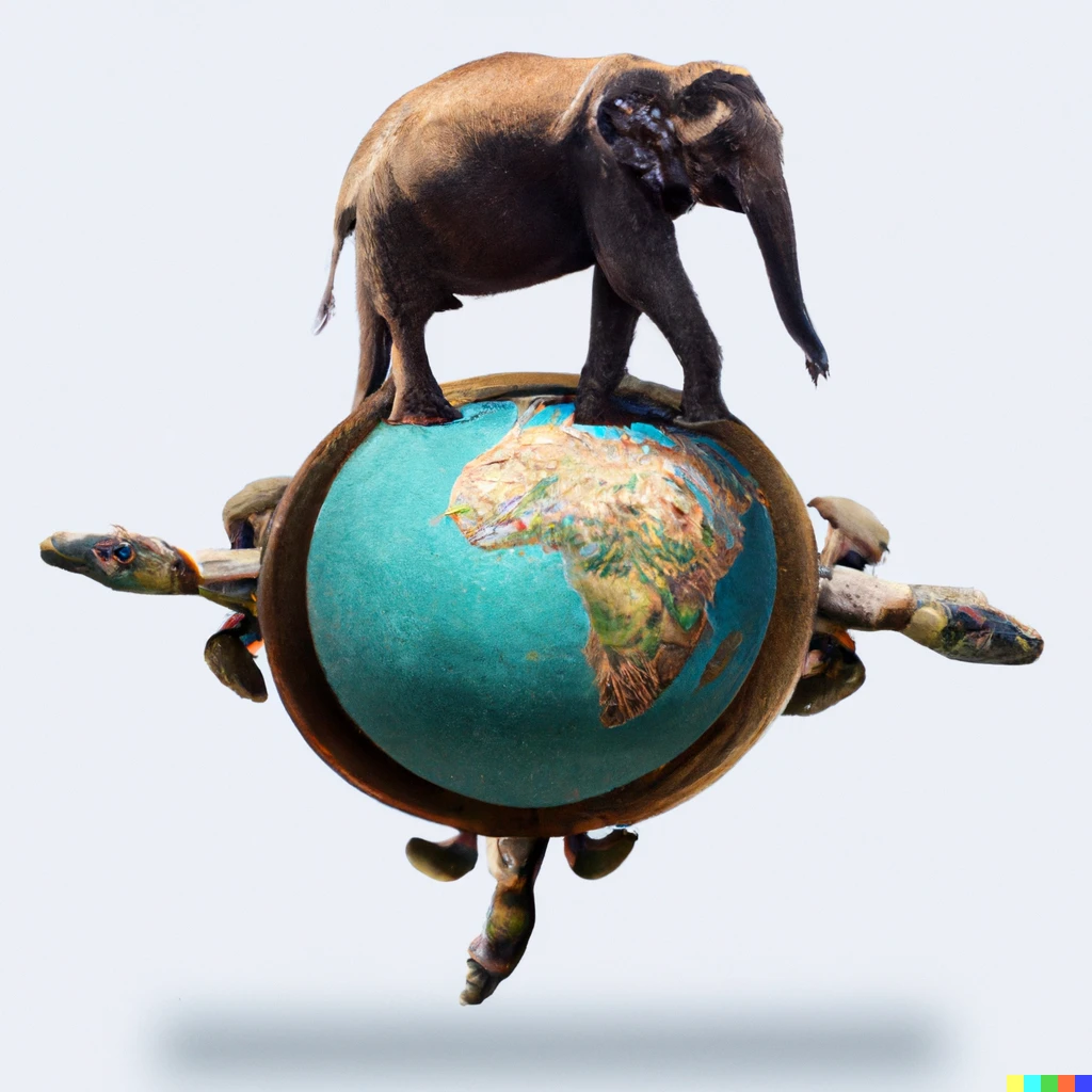 Prompt: A flat planet balanced on the backs of four elephants which stand on the back of a giant turtle