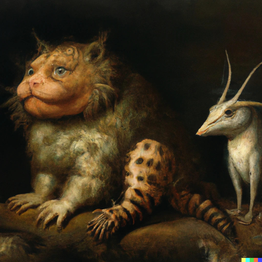Prompt: Painting of an axolotl sitting next to a manul by Rembrandt