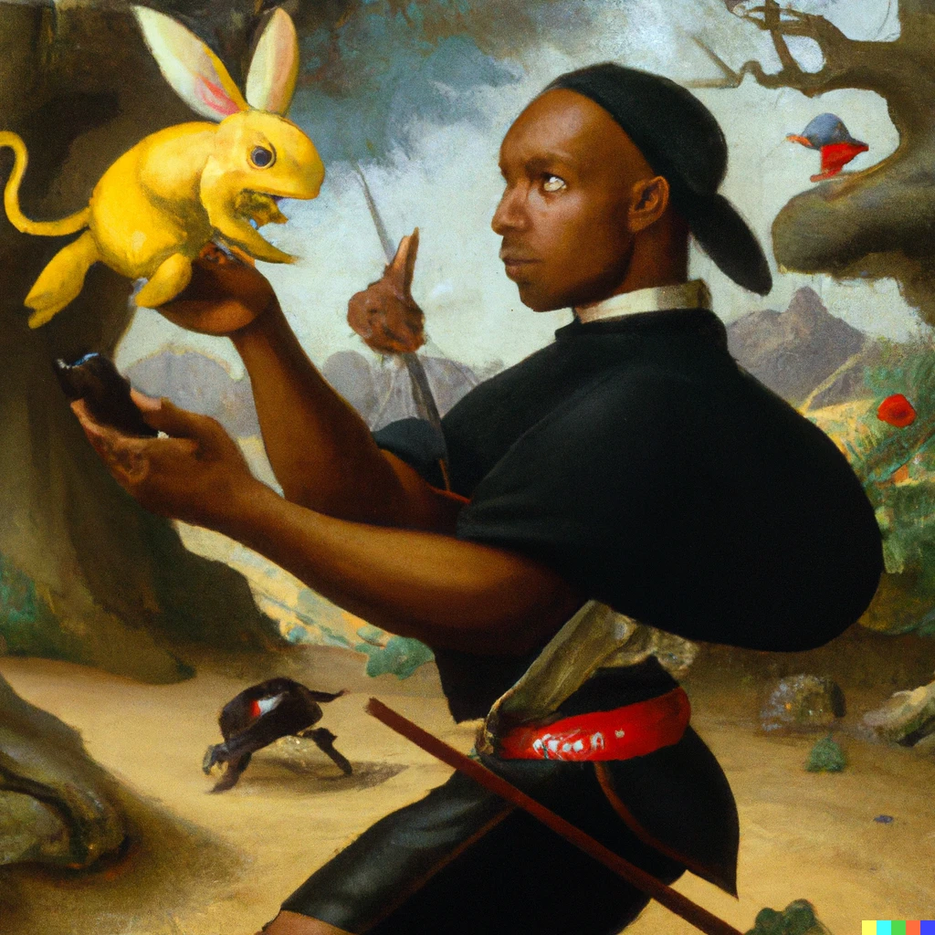 Prompt: A pokémon trainer capturing a pikachu, painting by Hieronymus Bosch
