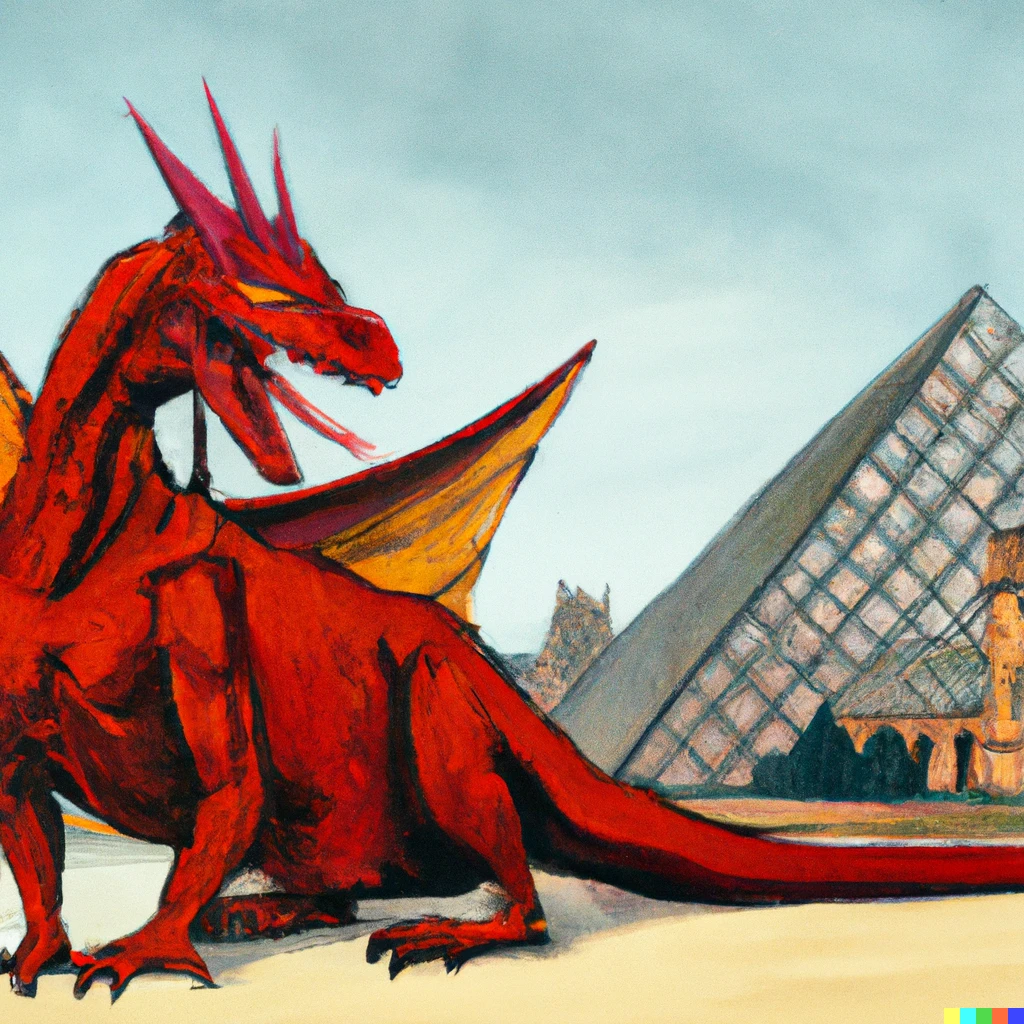 Prompt: A huge medieval red dragon posing threateningly in front of the Louvre pyramid, hand-painted concept art from a 1956 Disney movie