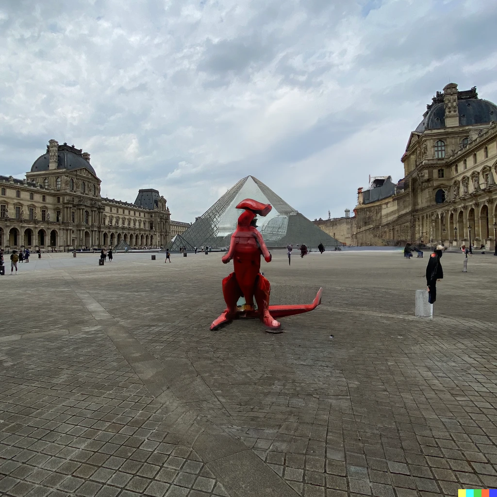 Prompt: A shiny red dragon posing for a photograph in front of the Louvre pyramid