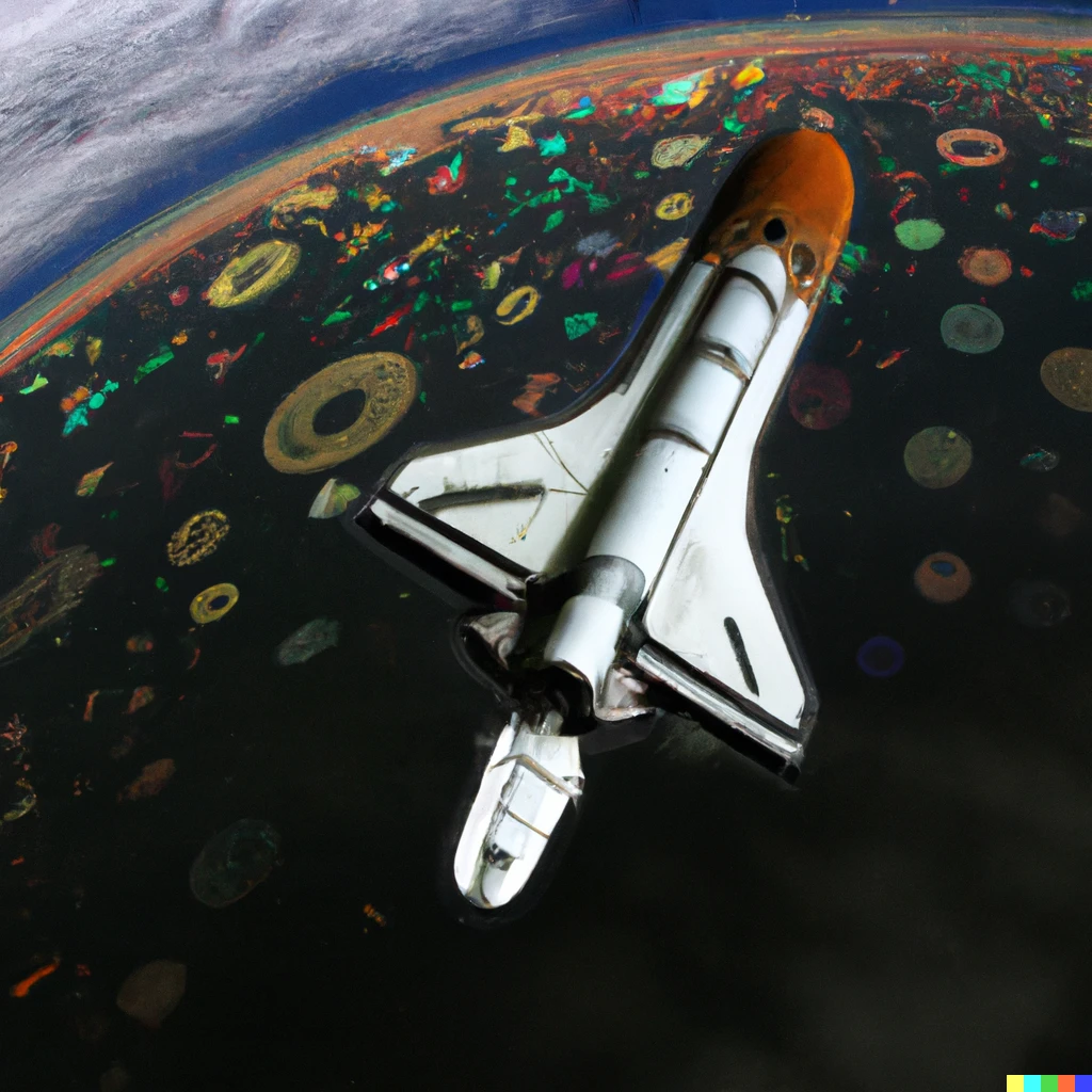 Prompt: Space shuttle Discovery orbiting the Discworld