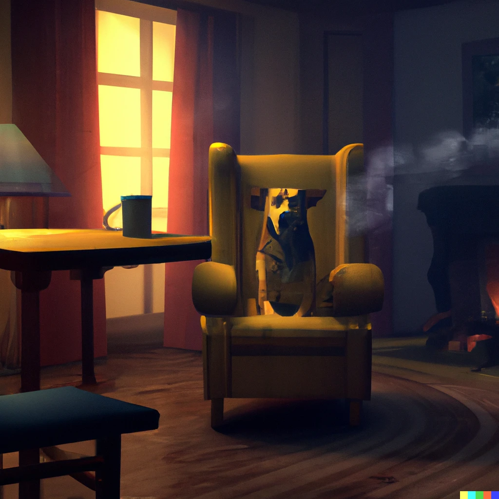 Prompt: A dog sitting on a chair in a living room; a coffee cup is on the table; all around the dog the room is on fire; the walls are on fire; there is smoke rising to the ceiling; artstation, 4K