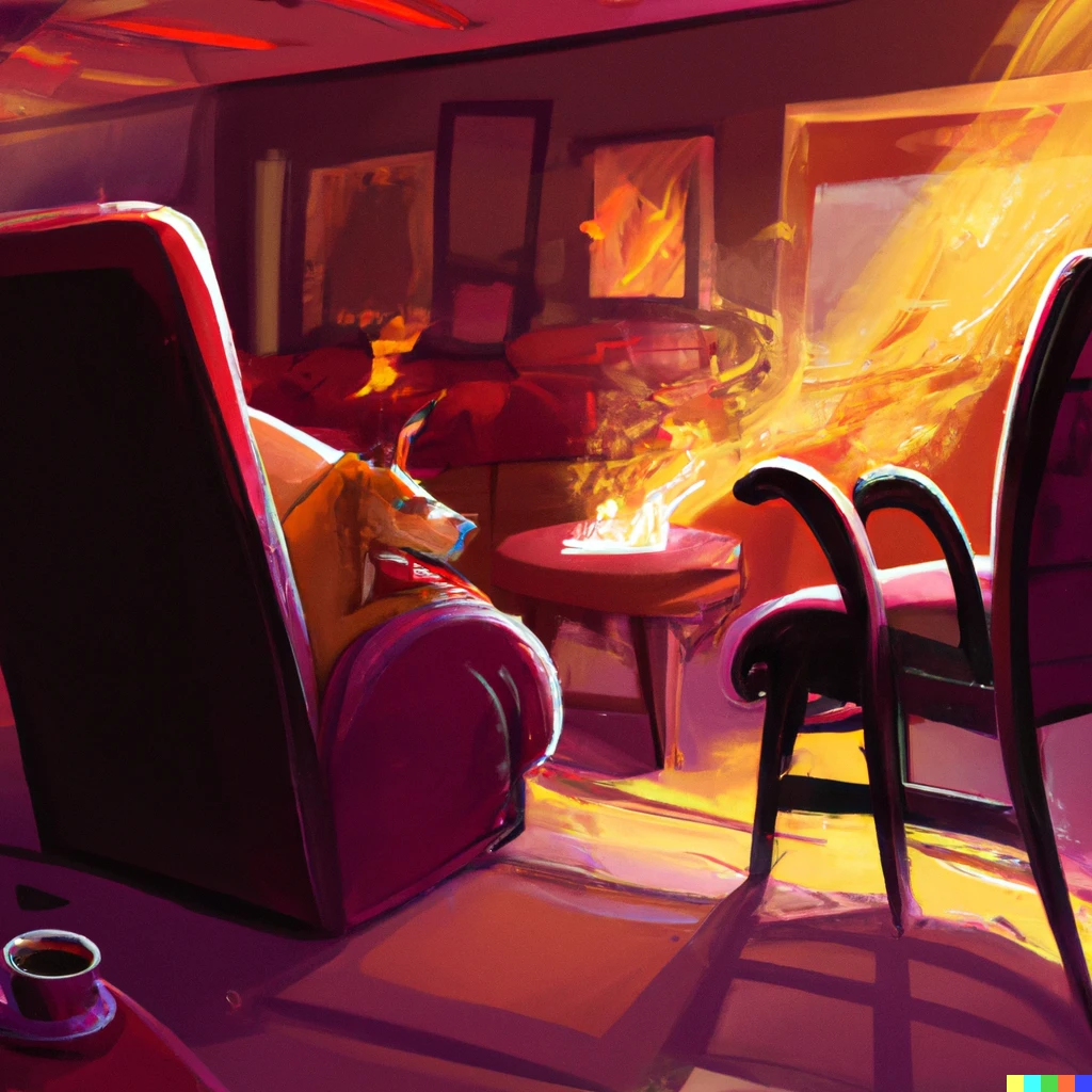 Prompt: Illustration of living room in flames, with a dog sitting on a chair, and a coffee cup on a table, artstation 4K
