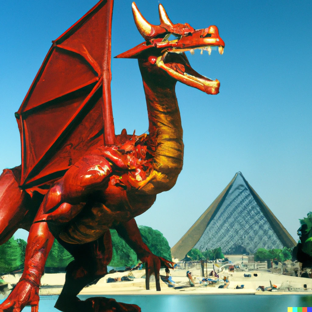 Prompt: A huge medieval red dragon posing threateningly in front of the Louvre pyramid, still from a 1956 Disney movie