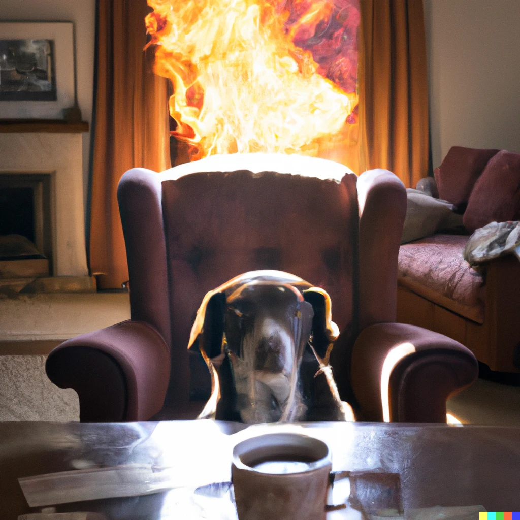Prompt: A living room completely engulfed in flames; a dog is sitting on a  chair, looking at the camera; there is a coffee cup on the table