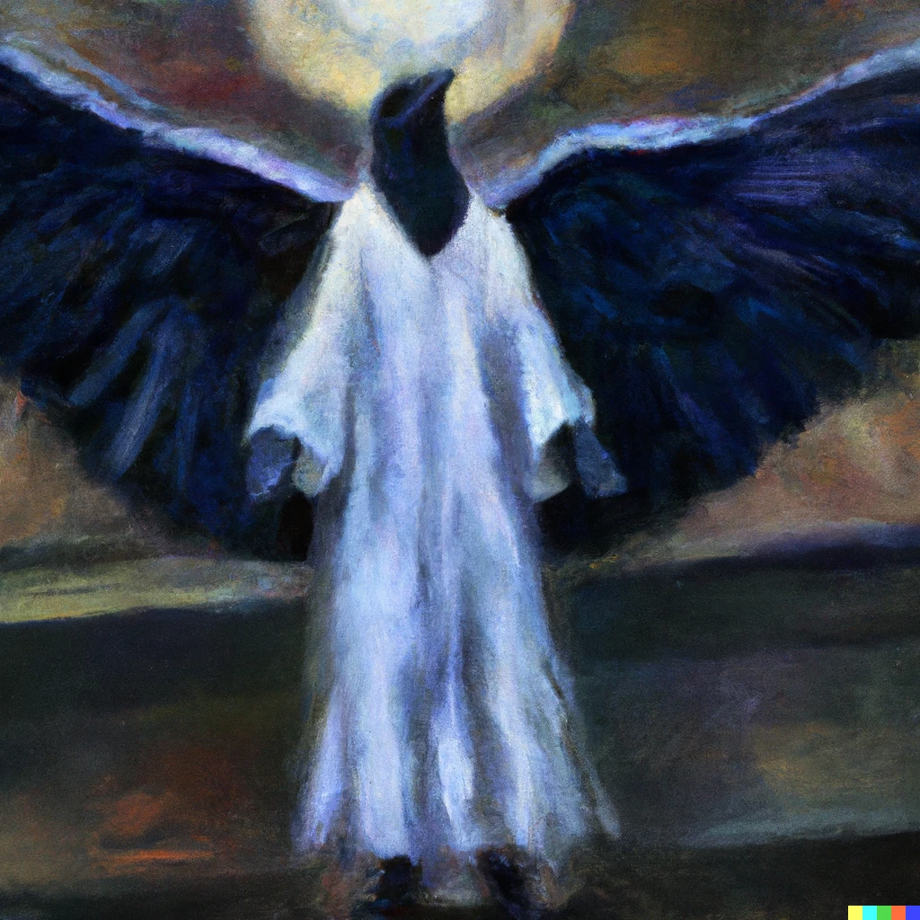 Prompt: impressionist painting of corvus cornix as a biblically accurate angel.