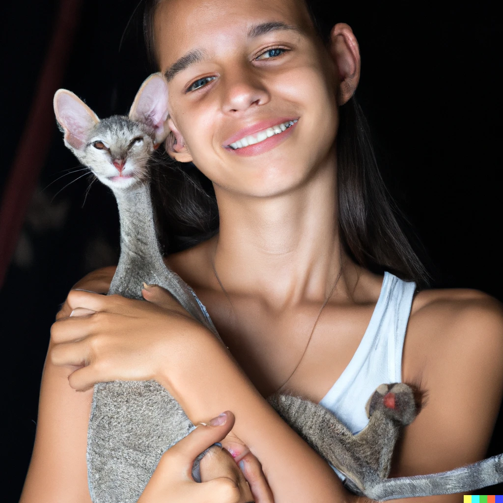 Prompt: long neck Sister holding a cat