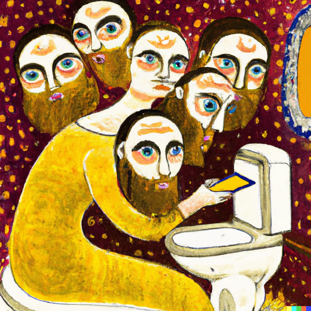 Prompt: A renaissance painting of someone using social media on the toilet surrounded by many eyes. Renaissance style 
