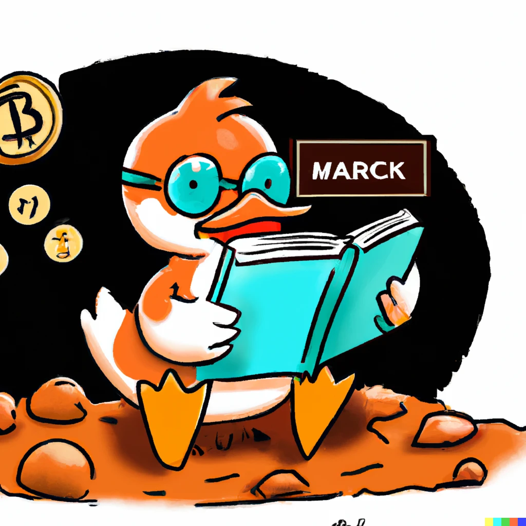 Prompt: a duck reading a book while holding a crypto money on the mars