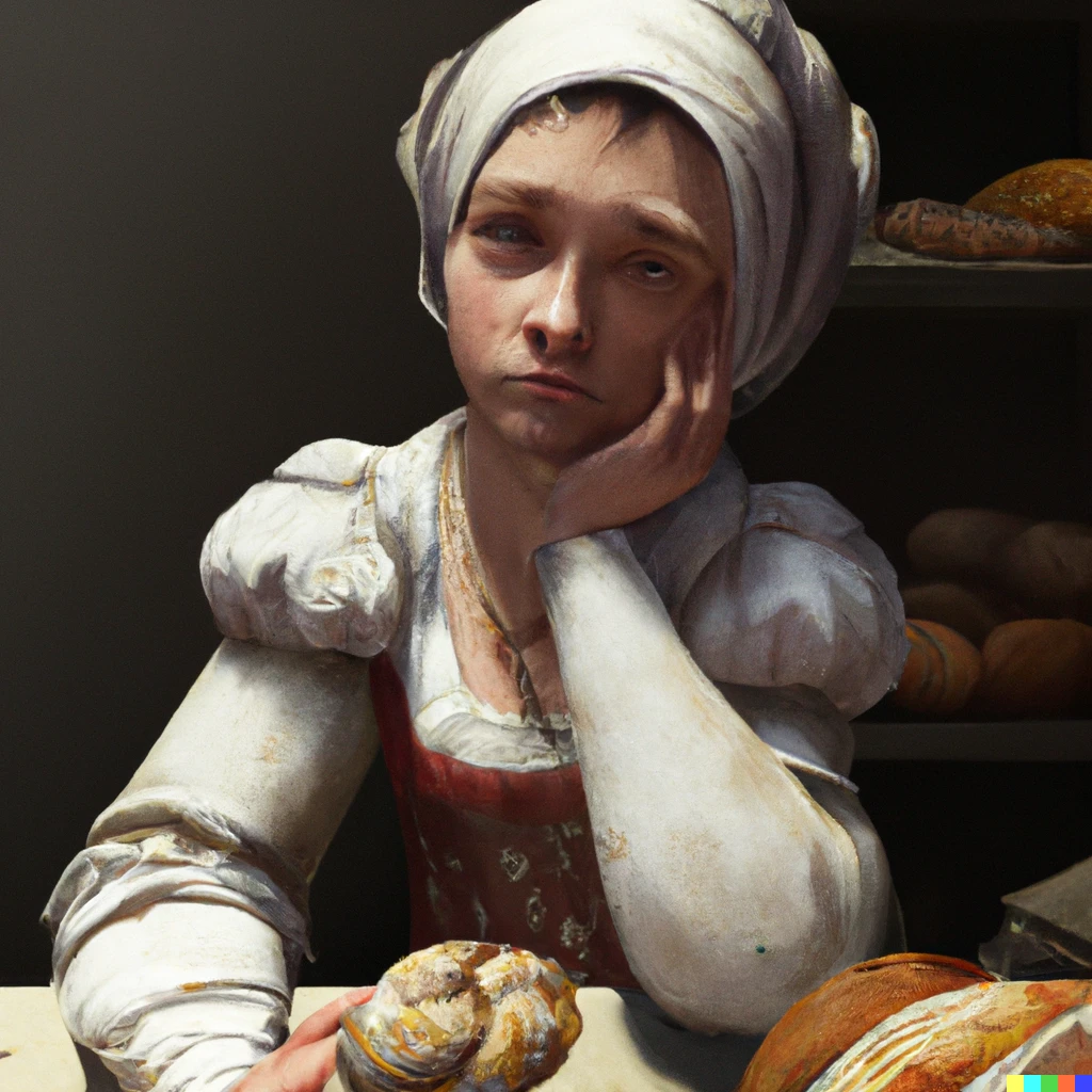 Prompt: The baker woman, evil ideation, strong emotion, renaissance painting,  4k HD, Artstation, a work of art by Caravaggio