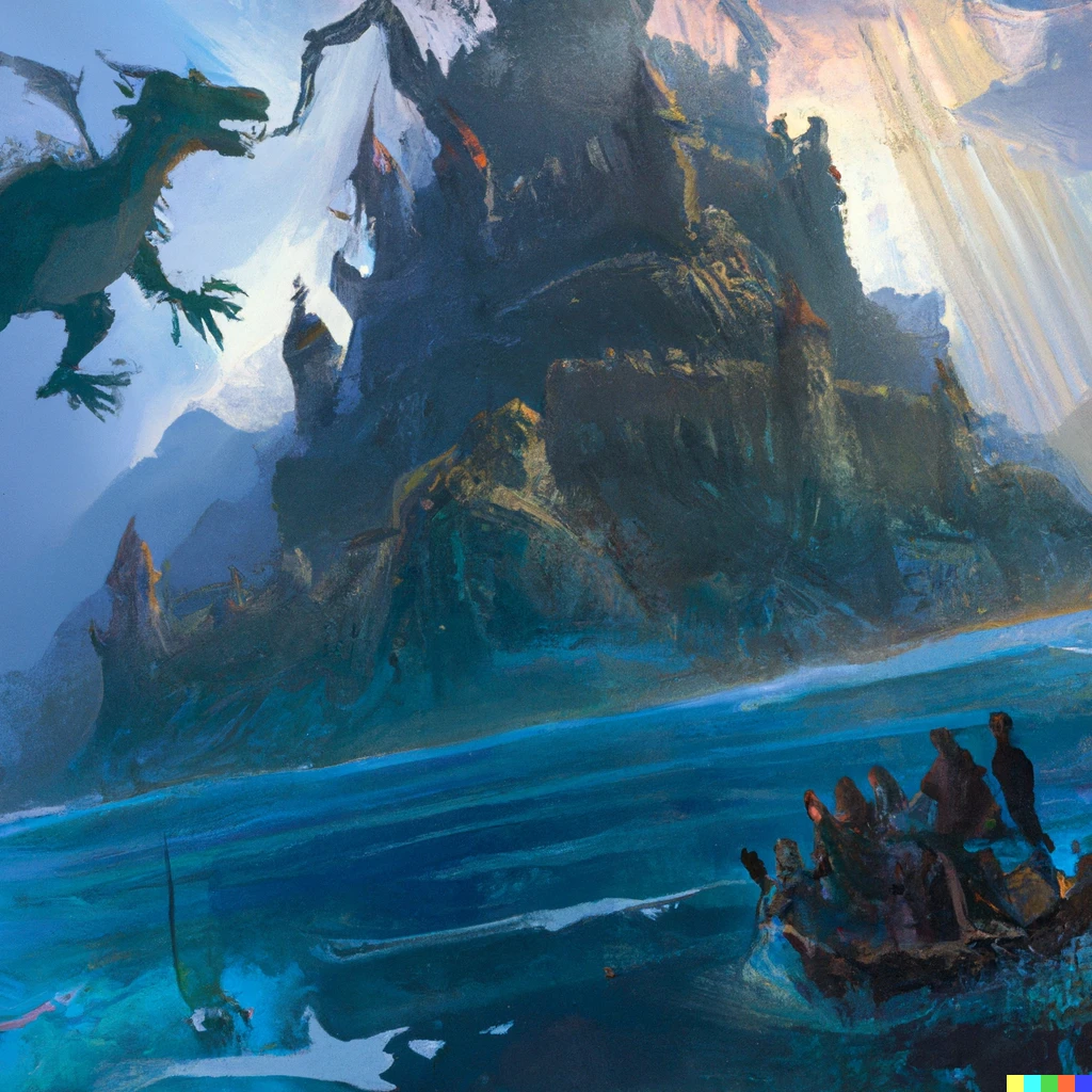 Prompt: A group of travelers stumble upon a gigantic dragon lord resting on a floating castle in the sky, The bottom of the castle has pure clean water falling to a lake basin, Ultra detail, High fantasy elements, Atmospheric Lighting 