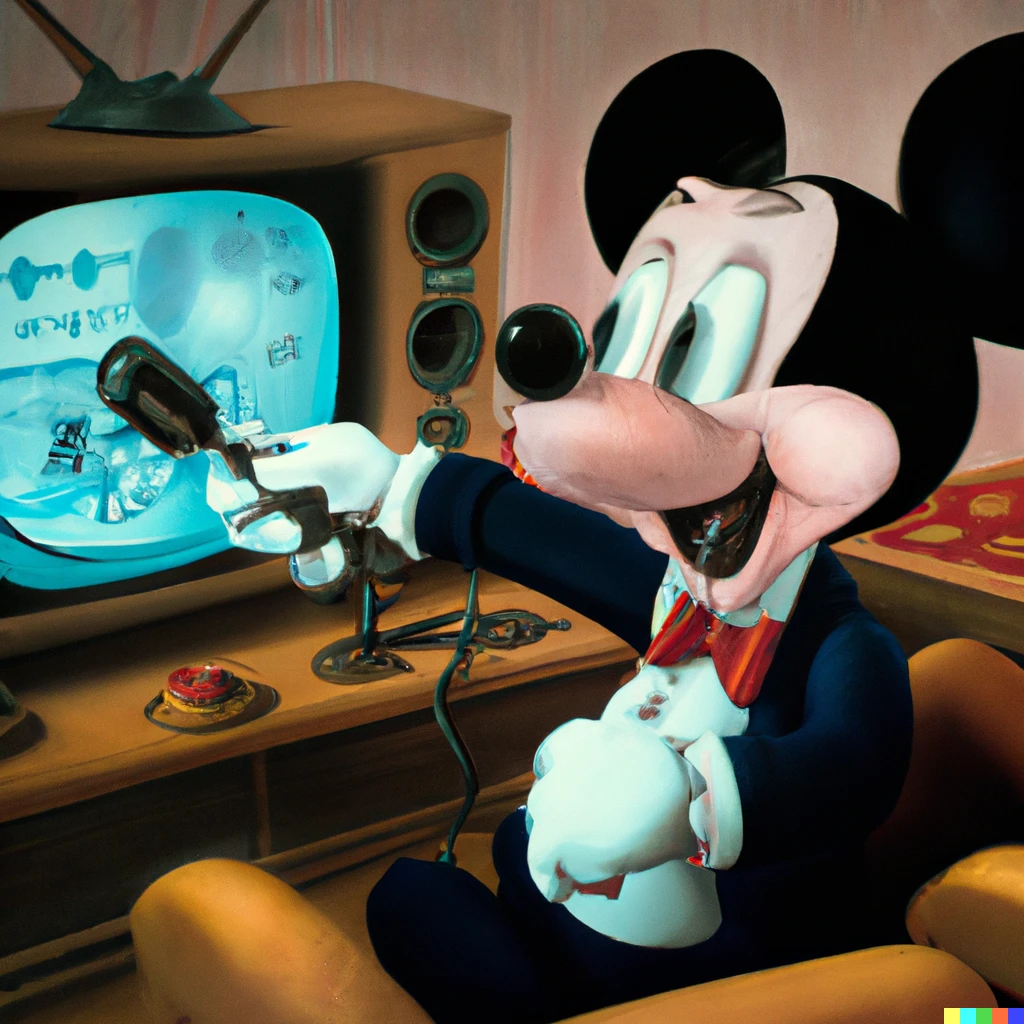 Prompt: Mickey Mouse announces on television that he has seized dictatorial power in a coup d'état, 1980's photorealistic