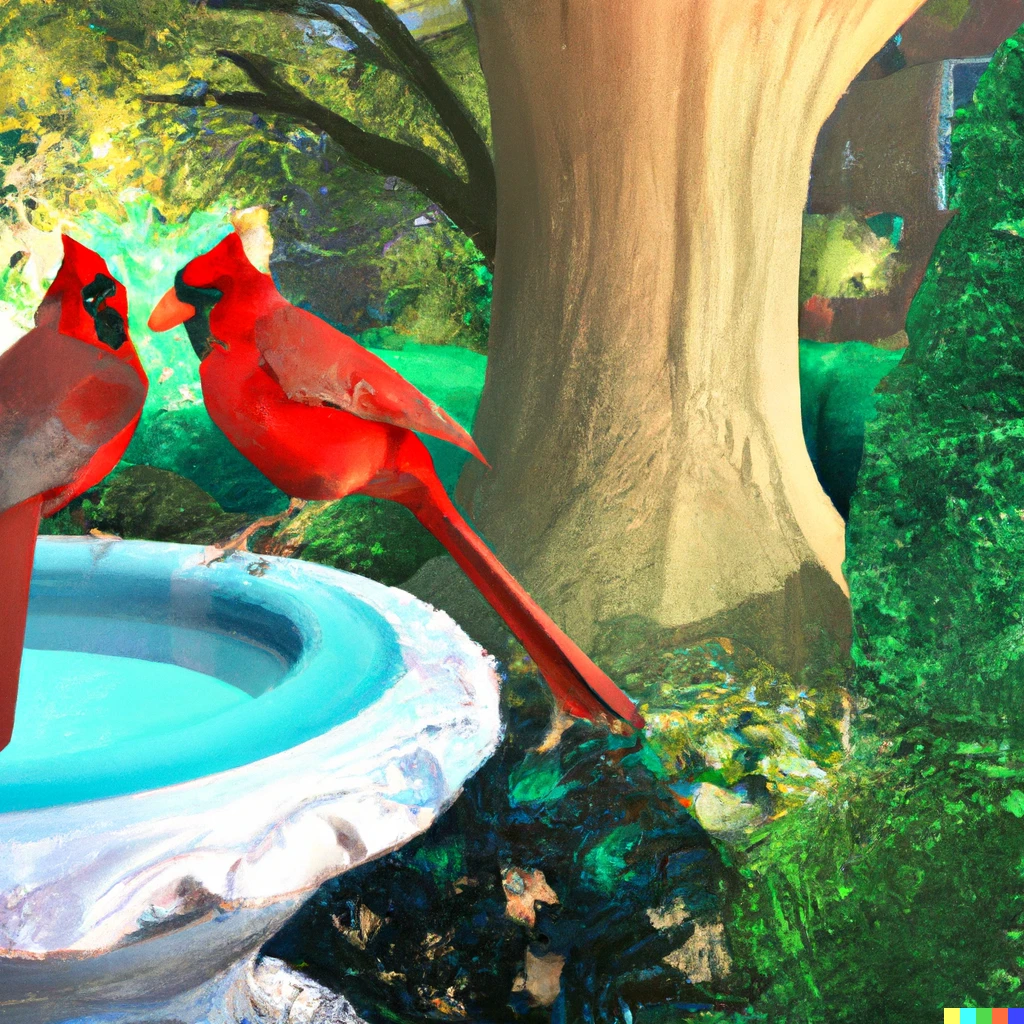 Prompt: Two cardinals sitting on a tree branch looking over a beautiful garden with a bird fountain, ArtStation, digital art, 4k HD, high detail
