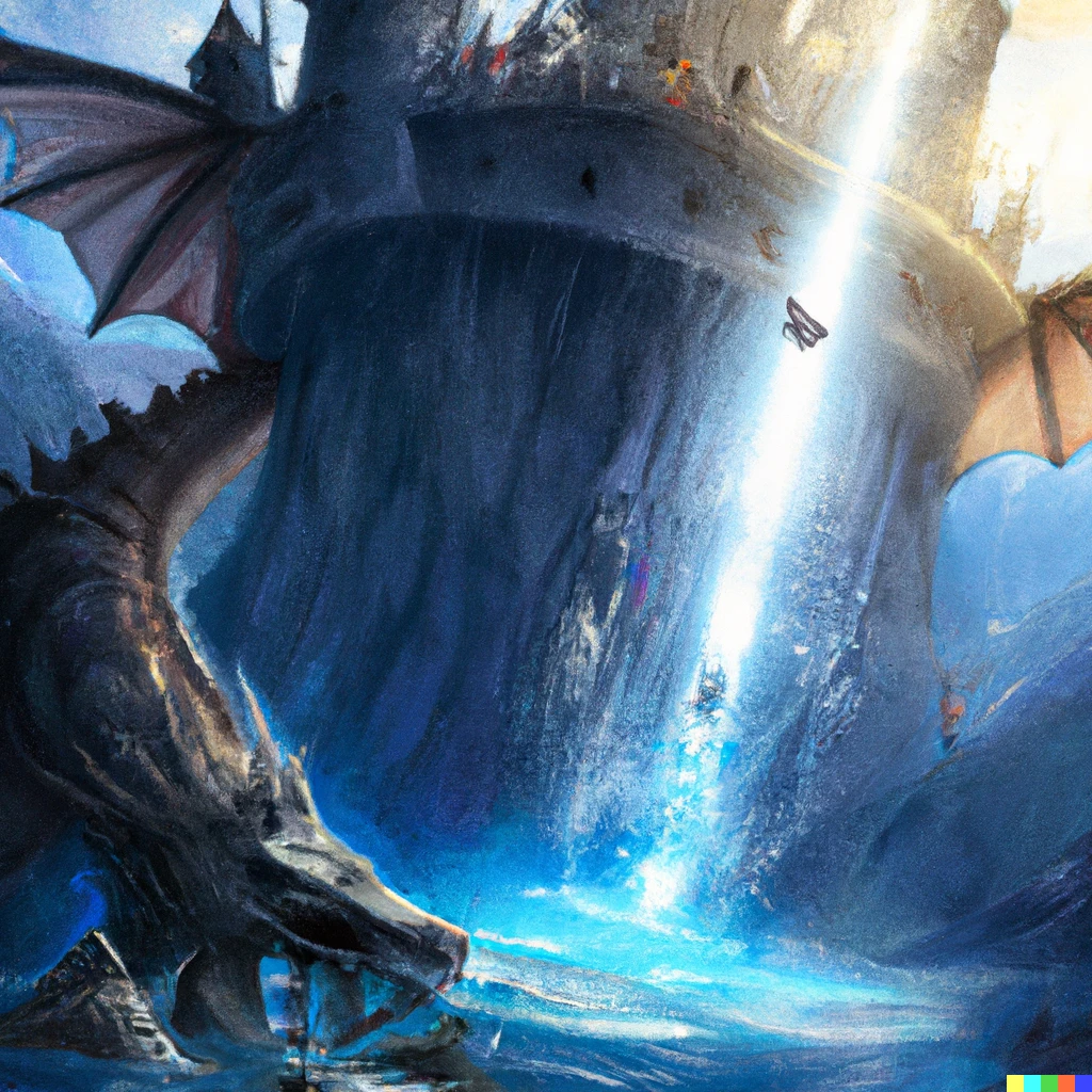 Prompt: A group of travelers stumble upon a gigantic dragon lord resting on a floating castle in the sky, The bottom of the castle has pure clean water falling to a lake basin, Ultra detail, High fantasy elements, Atmospheric Lighting 