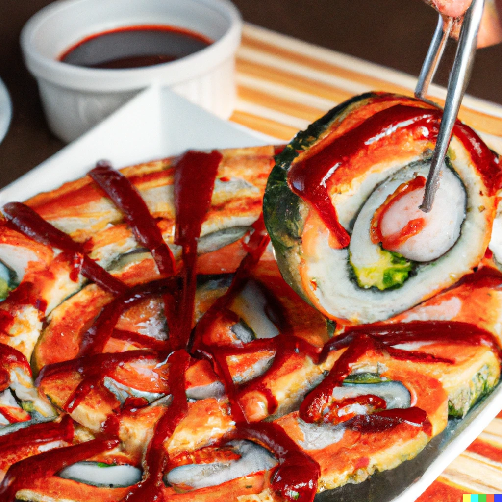 Prompt: Professional photograph of a pizza in the shape of a sushi roll. The roll consists of thin pizza crust with marinara spread on the outside, where the seaweed would be, shredded cheese which emulates the look of rice, and buffalo chicken in the center. One piece of the roll is being dipped in marinara sauce with chopsticks