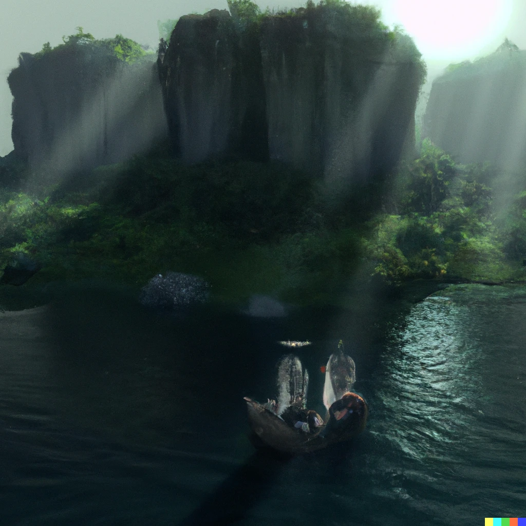 Prompt: A group of 3 travelers sailing towards hauntingly beautiful large Isles that has spectral vegetation and white ancient ruins and the atmosphere gives a creepy still vibe, Artstation, 8k HD, reveal lighting, Ultra Detailed, bird eye perspective