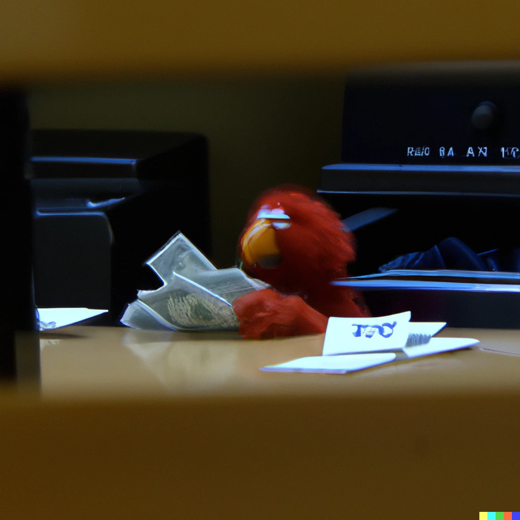 Prompt: Found footage of Elmo Counting money in the back rooms, liminal space, 4K, digital photograph