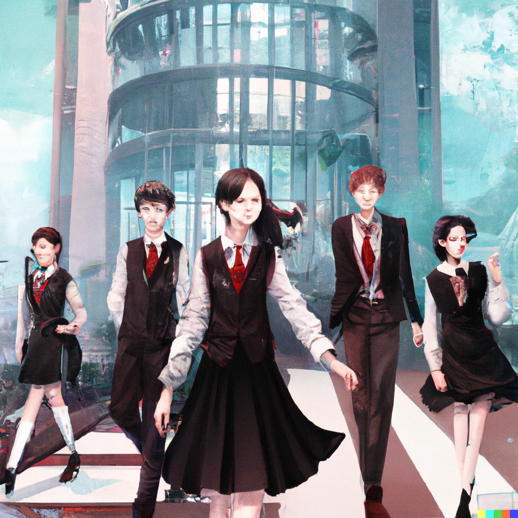 Prompt: A group of teenagers in school uniform walking to the entrance of they prestigious high end high school, by So-Bin, digital art