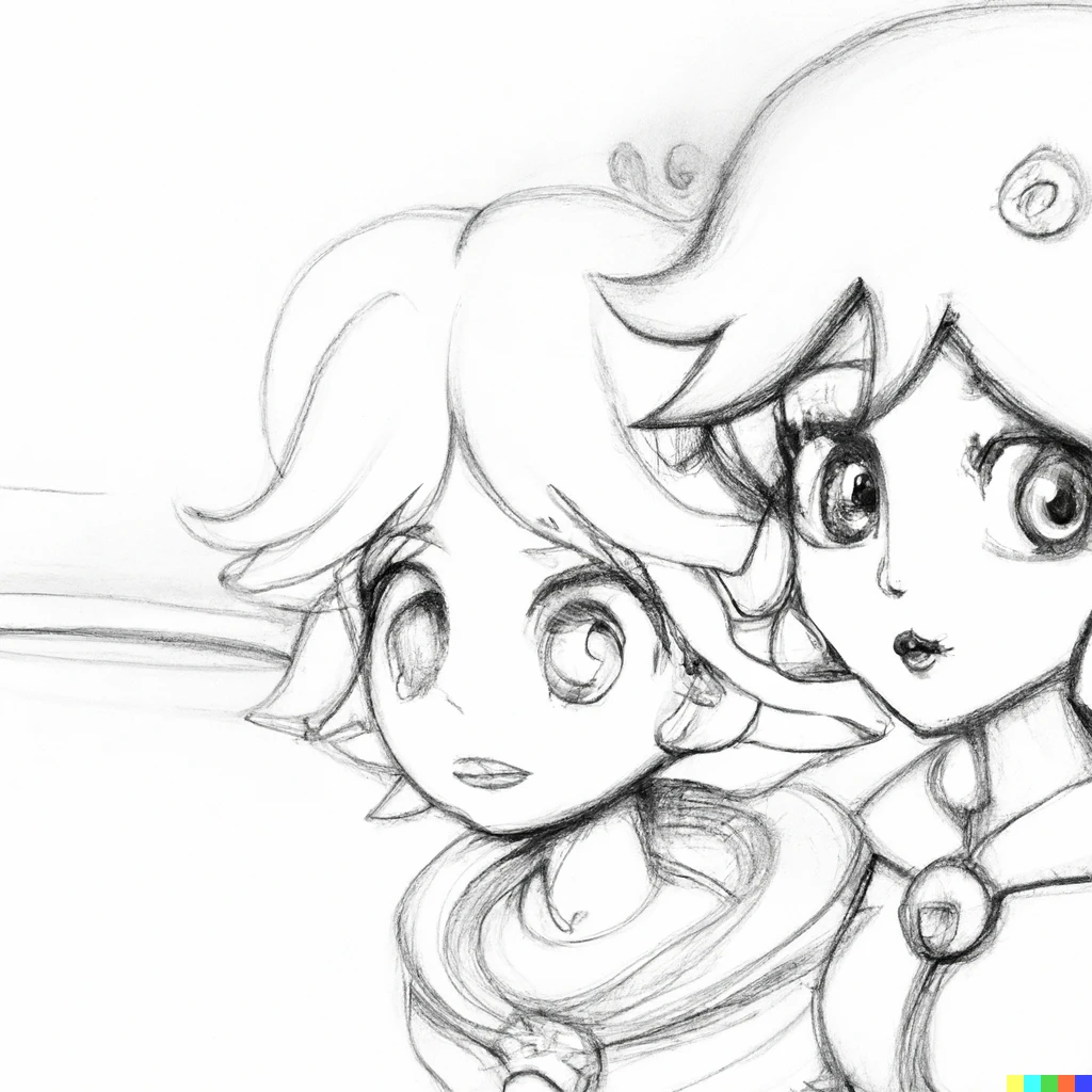 Prompt: Anime Key visual of Rosalina and Luma, official media, promotional art, reveal lighting, 8k HD, hyper detailed, pencil sketch, concept art