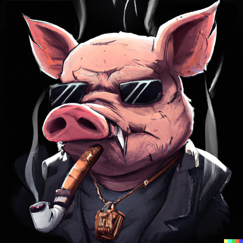 Prompt: A mobster pig with a mean expression smoking a cigar, cyberpunk style, digital art