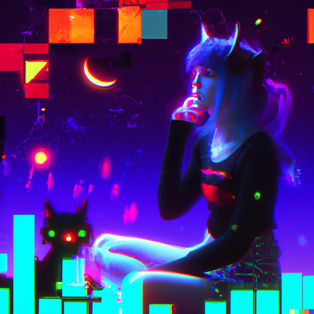 Prompt: homestuck catgirl woman pondering the stars while the simulation breaks down glitchcore, digital art