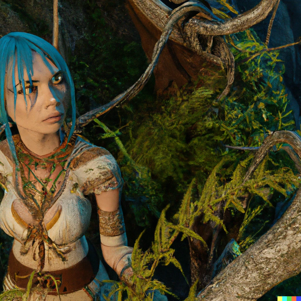 Prompt: Wood elf girl, Magical forest with bizarre vegetation, Tertiary details, Ultra detail, 4k HD, Unreal engine 5, PlayStation 5, gameplay media