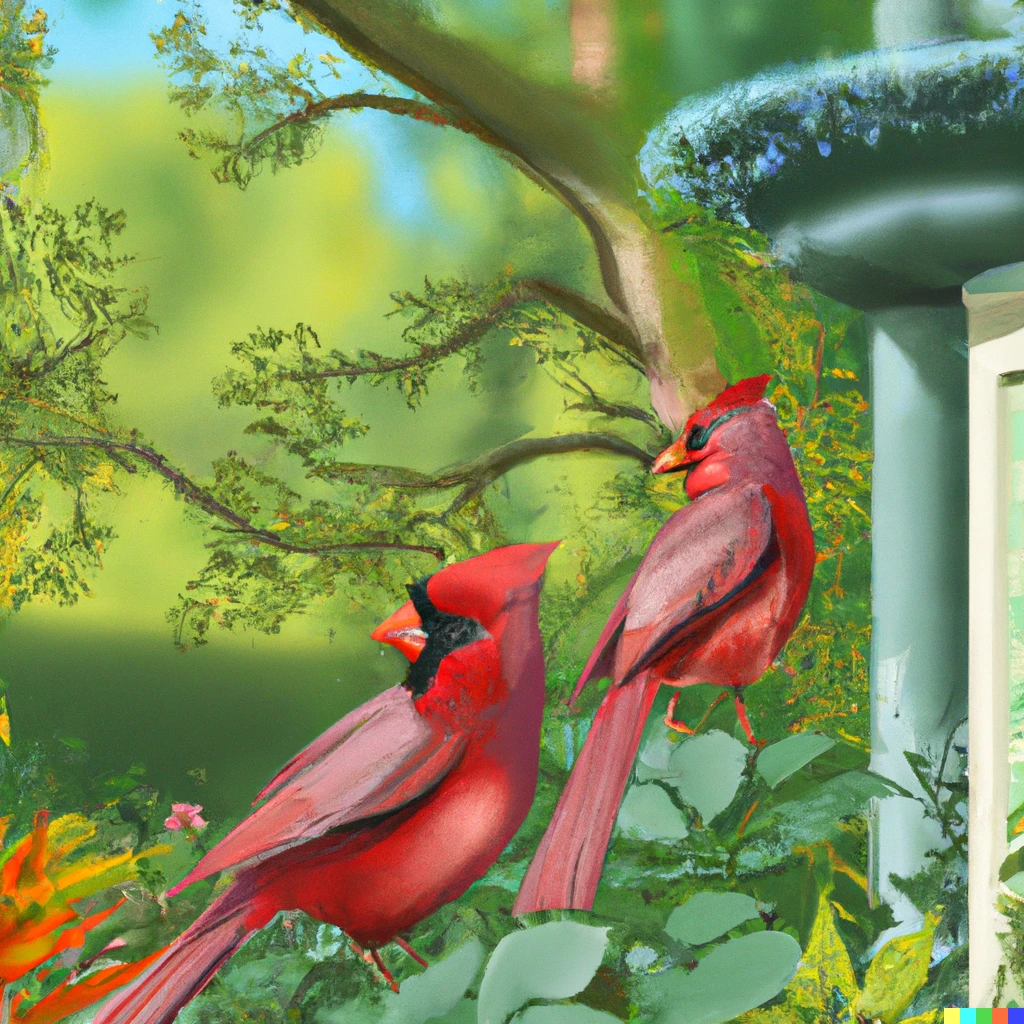 Prompt: Two cardinals sitting on a tree branch looking over a beautiful garden with a bird fountain, ArtStation, digital art, 4k HD, high detail