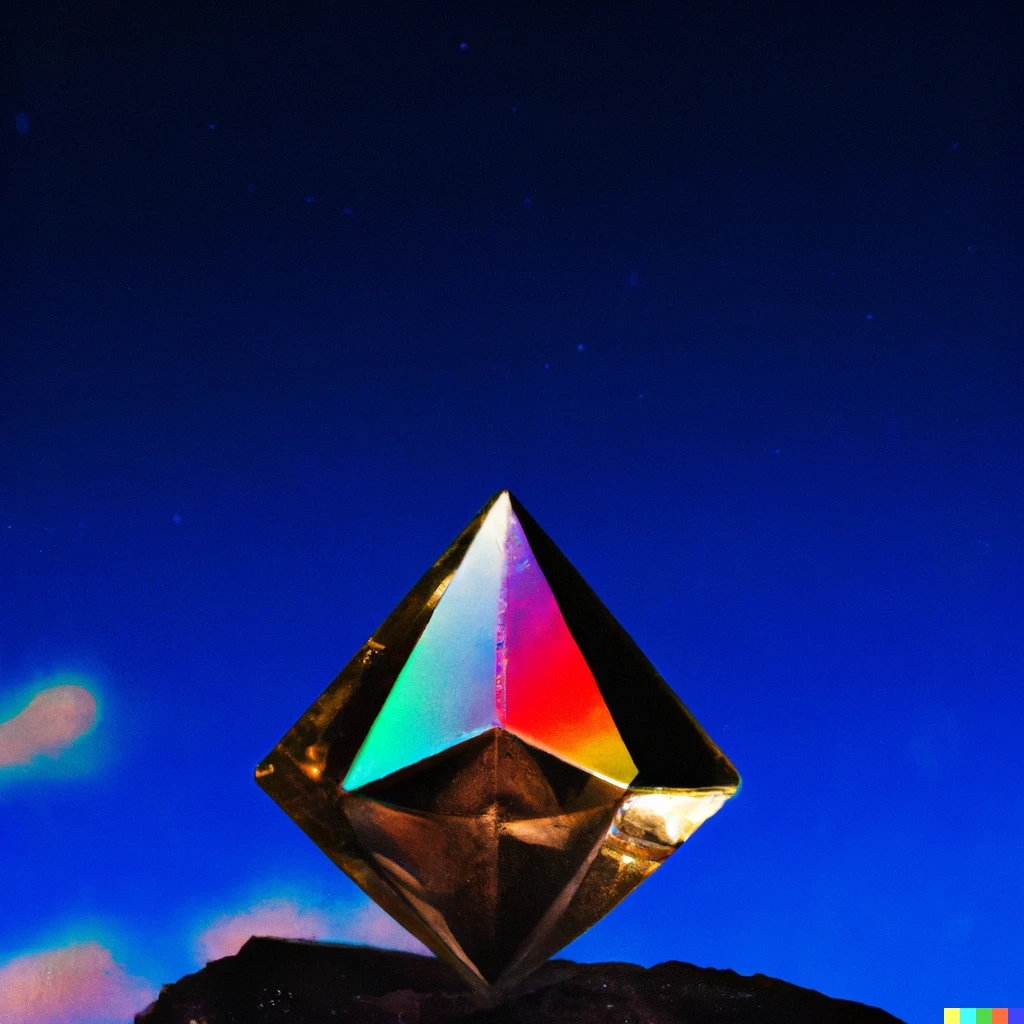 Prompt: A rainbow icosahedral crystal shining under a starry sky
