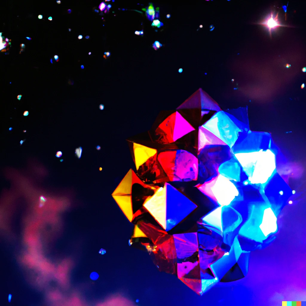 Prompt: A rainbow icosahedral crystal shining under a starry sky