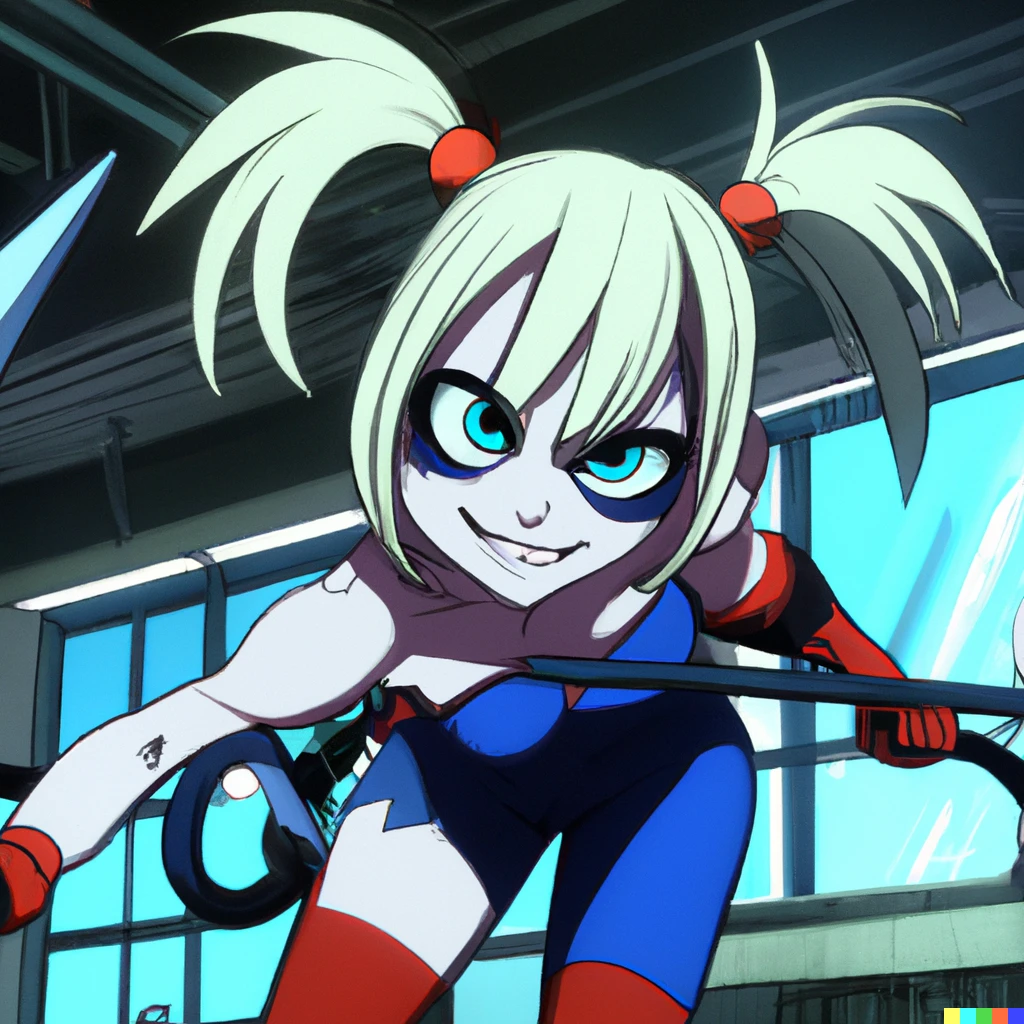 Prompt: Harley Quinn, screenshot from My Hero Academia 