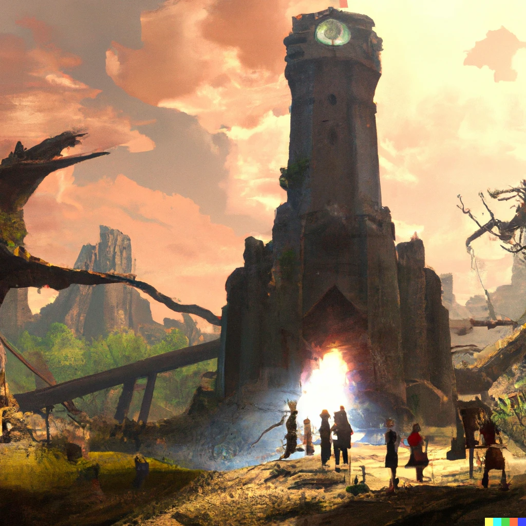 Prompt: A group of travelers stumble about a giant ancient ruin with a mysterious clock tower with in, reveal lighting, Ultra detailed, 4k HD, High fantasy, beautiful surroundings