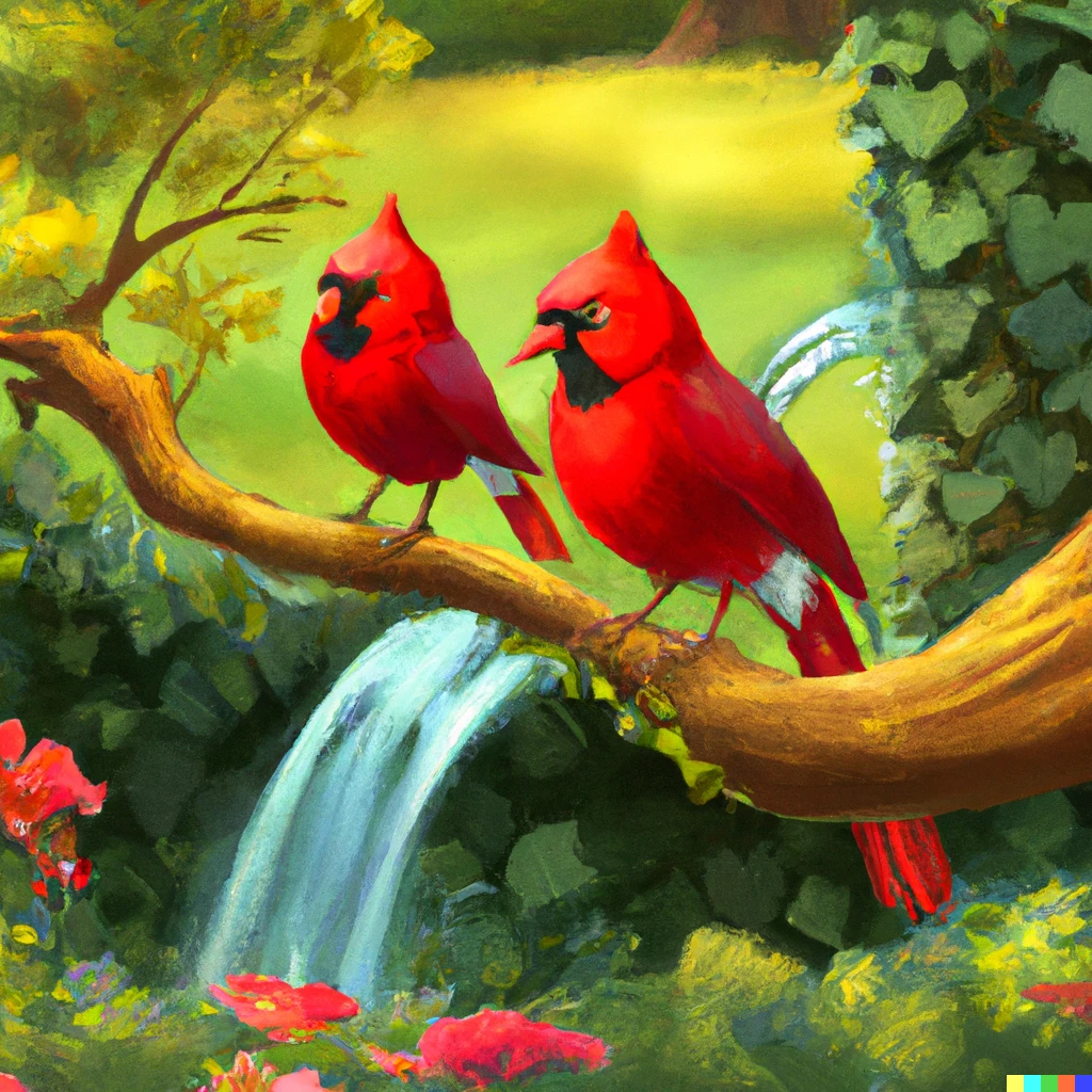 Prompt:  Two very very very beautiful cardinals sitting on a tree branch looking over a beautiful garden with a bird fountain, ArtStation, digital art, 4k HD, high detail