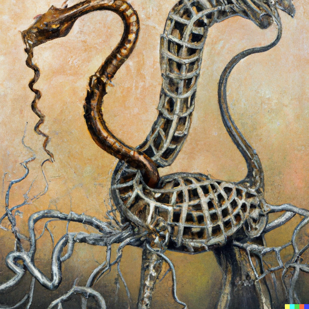 Prompt: a H. R. Giger painting of a fable giraffe fighting with a python snake