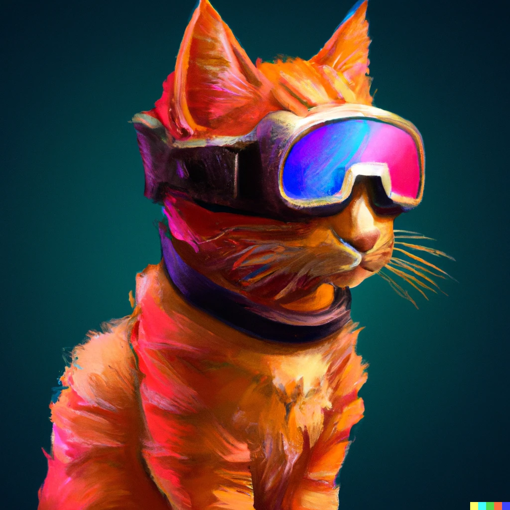 Prompt: A cyberpunk ginger cat wearing 3D glasses, digital art