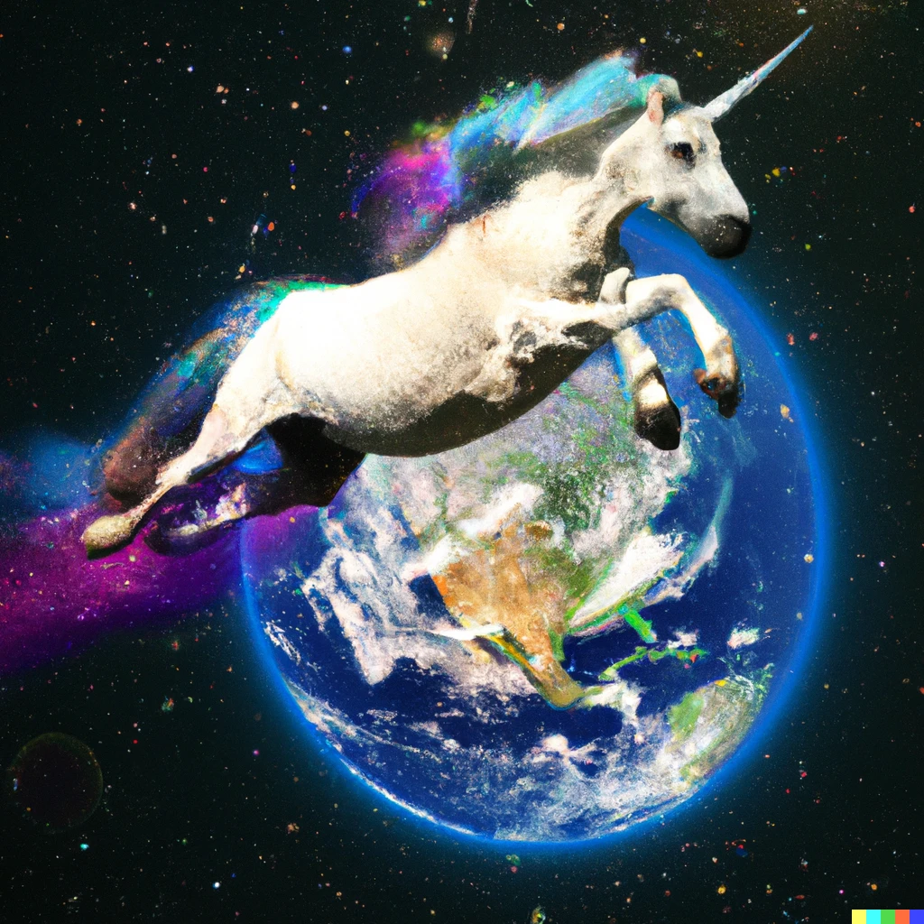 Prompt: photo of a unicorn with a rainbow mane flying around the earth in space