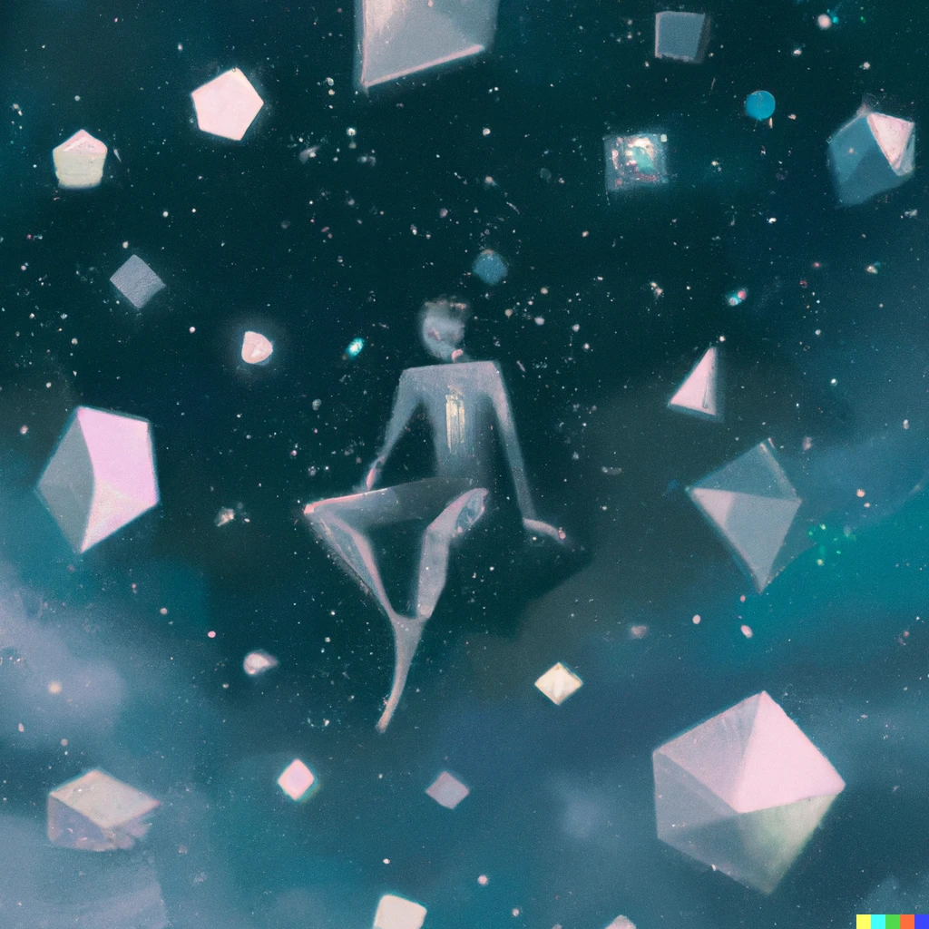 Prompt: A man floating in space surrounded by constellations forming the Platonic solids, digital painting