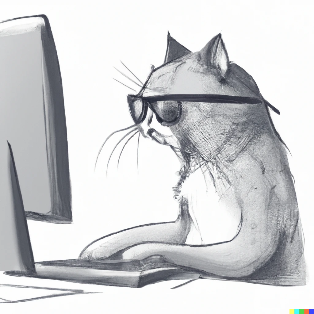 Prompt: a cat wearing glasses that programs on a computer, drawing