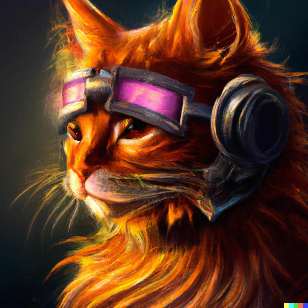 Prompt: A ginger cat cyberpunk wearing relief glasses, digital art