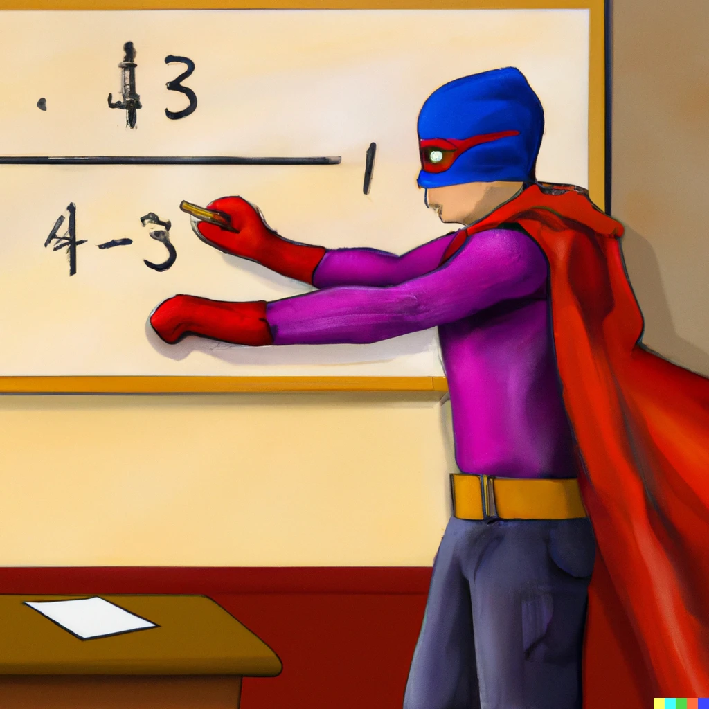 Prompt: digital painting of a masked superhero in a classroom solving a math problem
