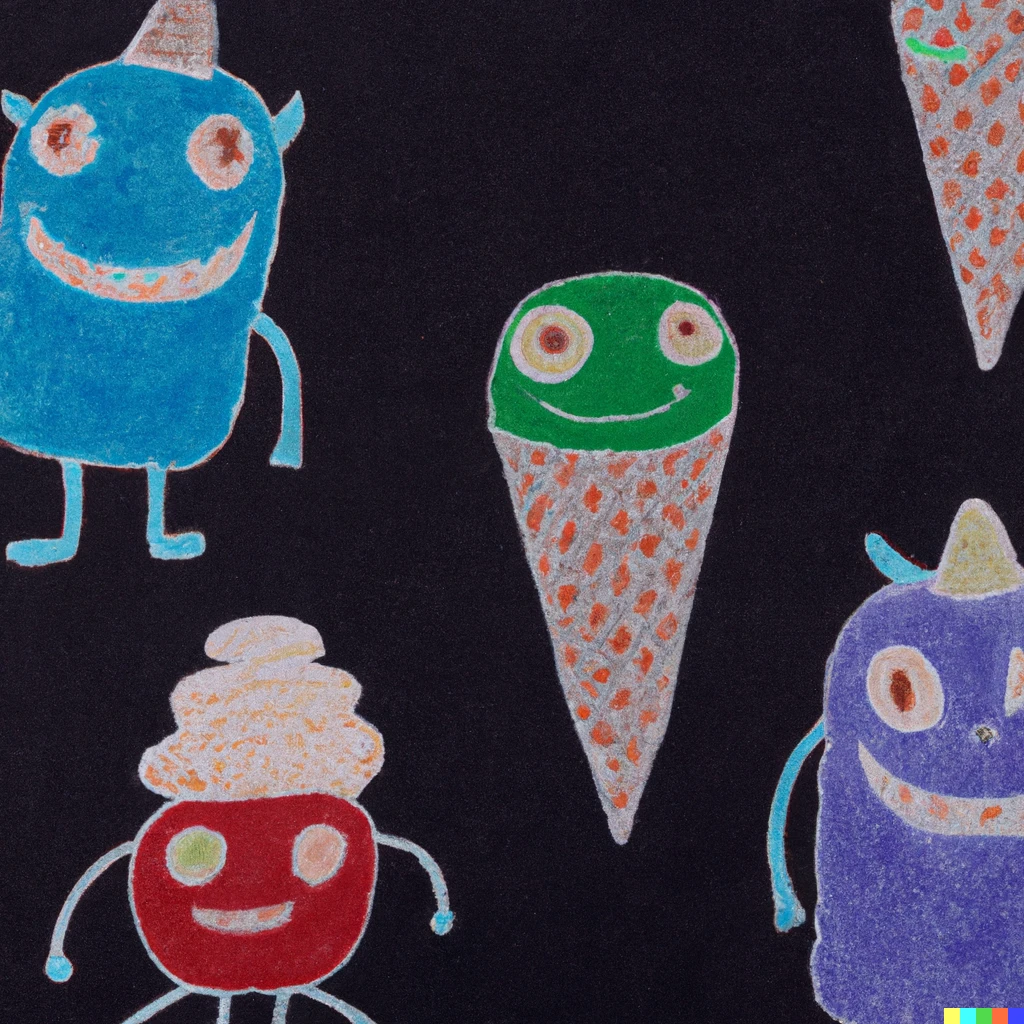 Prompt: crayon drawing of several cute colorful monsters with ice cream cone bodies on dark blue paper