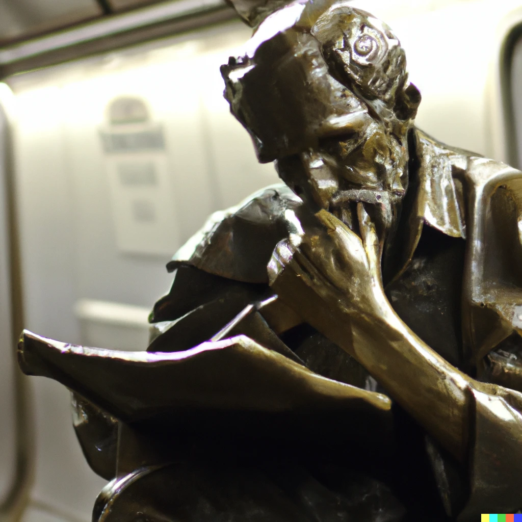Prompt: Auguste Rodin's the Thinker statue in a subway train on his way to work, reading a newspaper