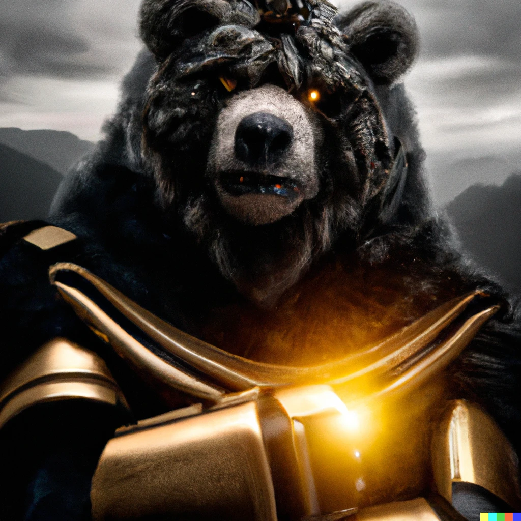 Prompt: dramatic award winning photo of an oversized furry anthropomorphic bear in shining paladin armor with a fierce facial expression, cosplay photography, detailed