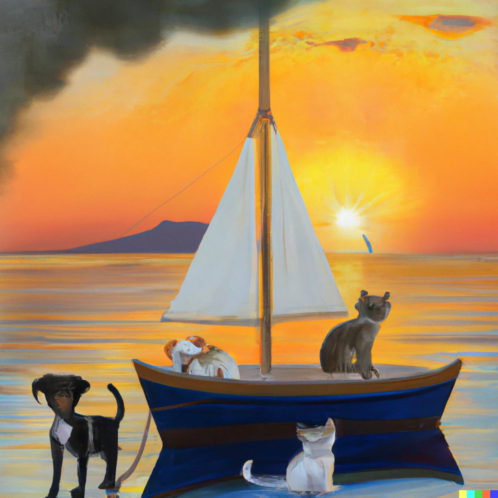 Prompt: A sailing boat with a dog a cat and two kittens at sunset in the Greek islands in the style of Manet 