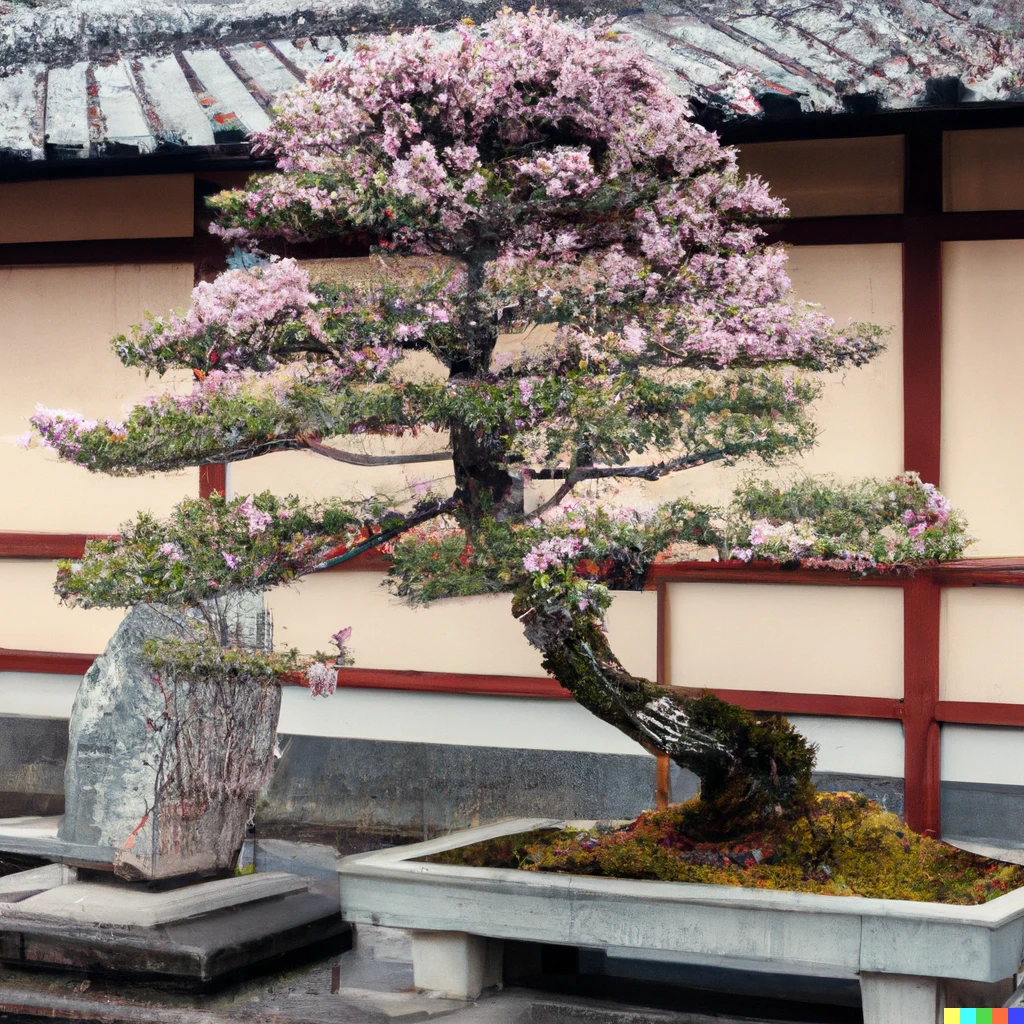 Prompt: a really old pine bonsai in  a grey pot standing near a japanese temple surrounded by cherry blossom trees