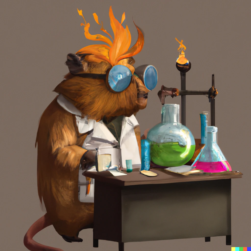 Prompt: capybara mad scientist mixing burning chemicals, digital art